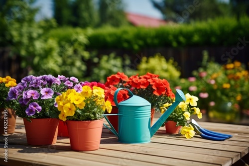 Happy spring mood baskets of flowering plants . Horizontal. Daylight. Close-up. garden. planting plants and flowers