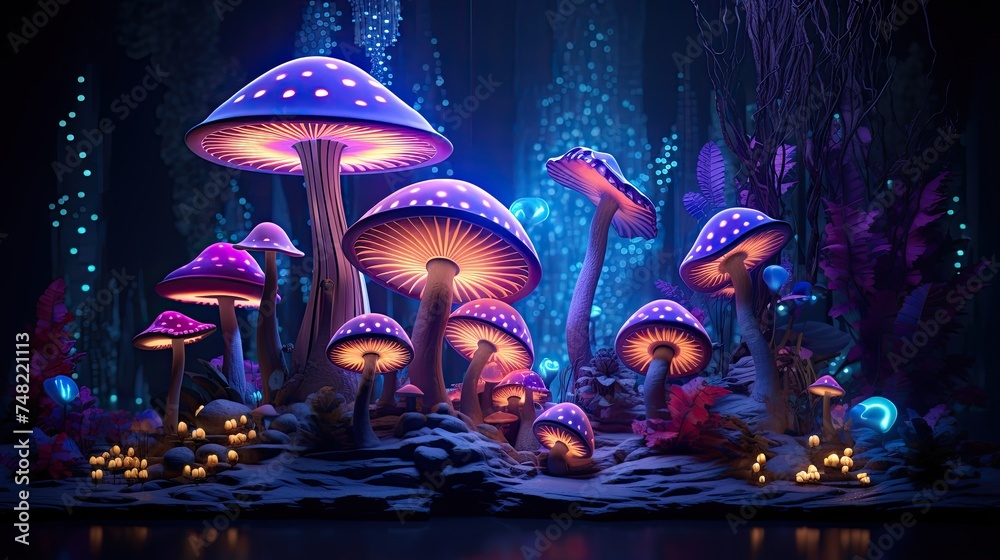 Glowing mushrooms in a dark forest at night. The mushrooms are of various sizes and colors, and they emit a soft, ethereal light. - obrazy, fototapety, plakaty 