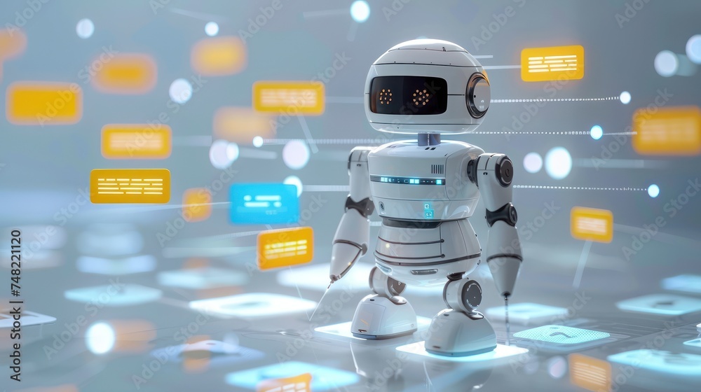 Fototapeta premium Medium shot of a chatbot managing multiple conversations simultaneously representing multitasking efficiency communication capability minimalist the multitasking digital assistant