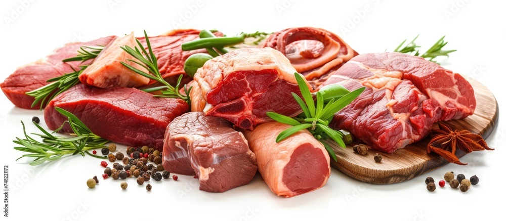 A pile of raw meat sits on a wooden cutting board, ready to be prepared for cooking. The meat is fresh and uncooked, with visible marbling and texture. A pile of raw meat sits on a wooden cutting board, ready to be prepared for cooking. The meat is fresh and uncooked, with visible marbling and texture.