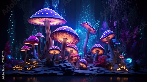 Glowing mushrooms in a dark forest at night. The mushrooms are of various sizes and colors, and they emit a soft, ethereal light.
