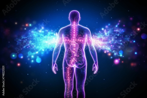 silhouette of a man with dots on his body. diseases, chakras, alternative medicine, energy/ neon light
