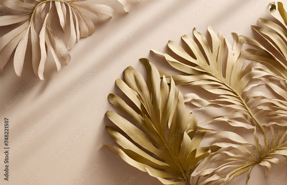 High quality image, 8K, A view of the Tropical leaf shadow blank background composition for product presentation. The background is beige. New studio Minimal showcaserk. wide banner design