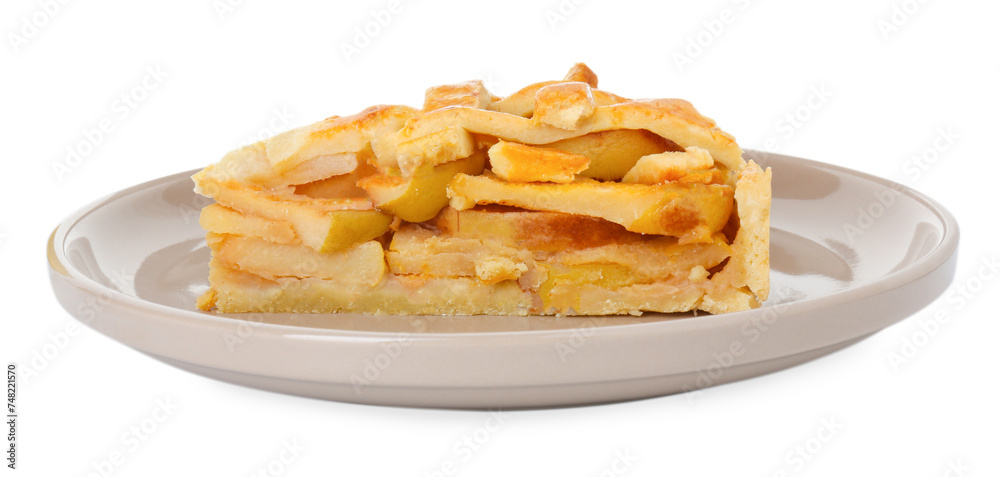 Plate with piece of tasty homemade quince pie isolated on white Plate with piece of tasty homemade quince pie isolated on white