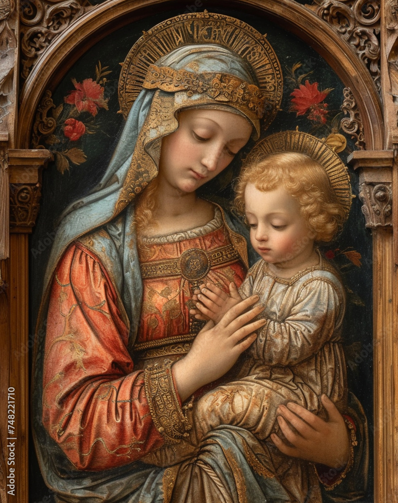 Sacred Art: Oil Painting Depicting the Madonna with Child in an Elegant Classical Style.