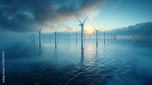 an offshore wind farm at dawn, with towering white wind turbines photo
