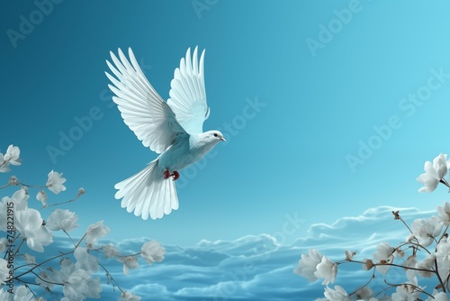 white dove flying free on light and soft blue and white background for freedom and relax design