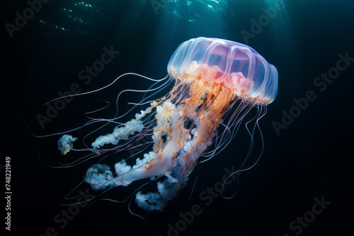 wildlife.  jellyfish swim underwater with blue neon light. Copy space © PanArt