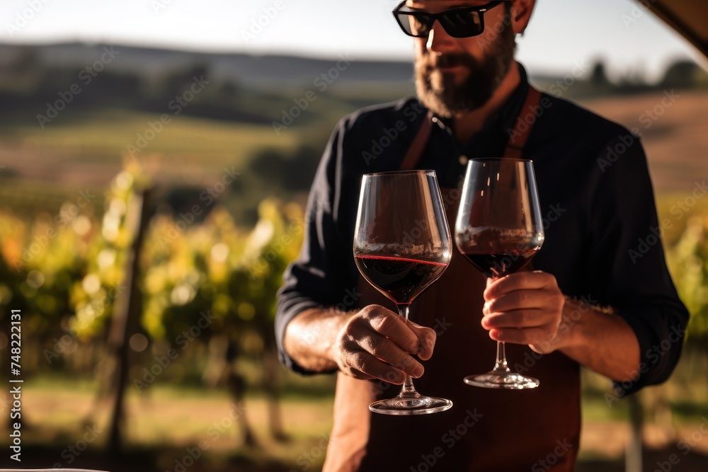 Close-up shot of a sommelier holding two glasses with a vineyard in the background Close-up shot of a sommelier holding two glasses with a vineyard in the background