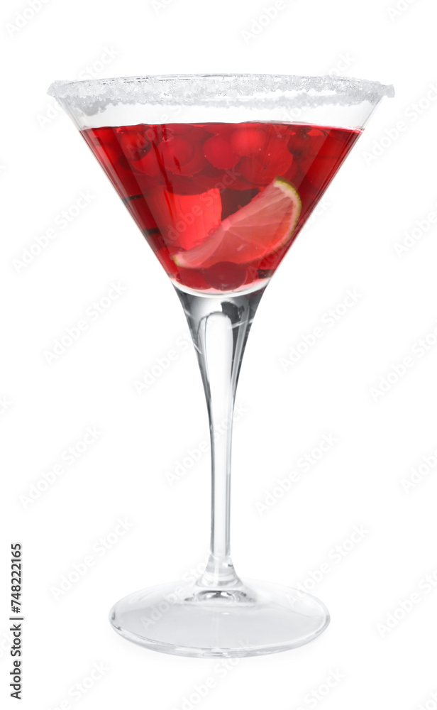 Tasty cranberry cocktail with lime and sugar in glass isolated on white Tasty cranberry cocktail with lime and sugar in glass isolated on white