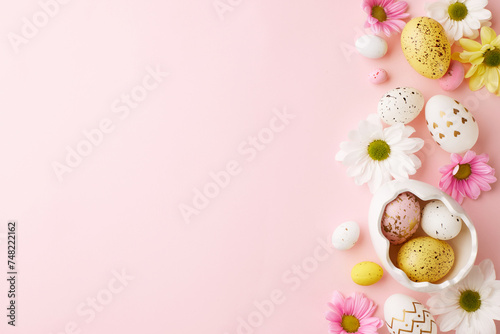 Easter freshness: serene pastel moments. Top view shot of easter eggs in an eggshell bowl and white and pink daisies on pastel pink background with space for springtime messages