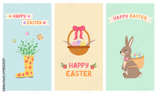 Happy Easter cards, bunny, basket with eggs and boot with flowers. Vector Illustration for printing, backgrounds and packaging. Image can be used for poster and sticker. Isolated on white background.