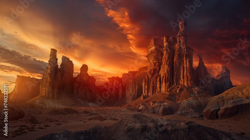  Fiery sunset over rock formations