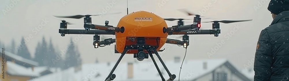 Delivery by drone. A quadcopter flies around the city with cargo. Delivery by drone. A quadcopter flies around the city with cargo.