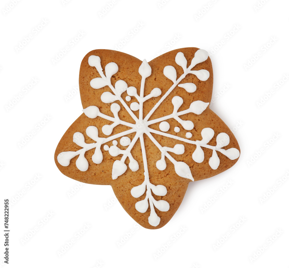 Tasty star shaped Christmas cookie with icing isolated on white, top view Tasty star shaped Christmas cookie with icing isolated on white, top view