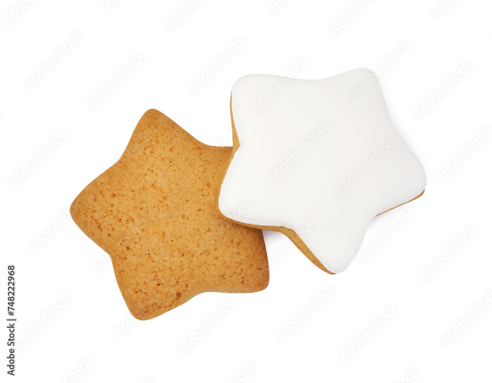 Tasty star shaped Christmas cookies with icing isolated on white, top view Tasty star shaped Christmas cookies with icing isolated on white, top view