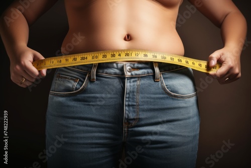 woman in oversized pants checks the waist with a centimeter  in weight loss concept. Diet, centimeter, fat . 