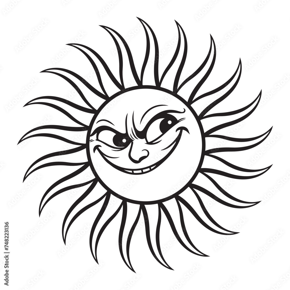 Dibujo de sol de verano con una sonrisa en estilo tatuaje silueta - obrazy, fototapety, plakaty 