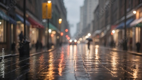 A rainy urban street scene, its details lost to a heavy, all-encompassing blur 