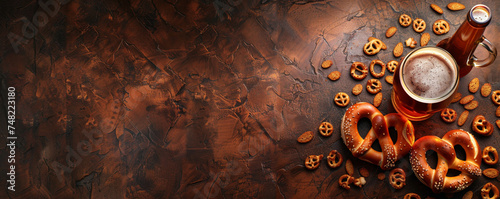 A bottle of beer and a pretzel on a dark brown background. Alcoholic drink and snack with German origin. Top view space to copy.