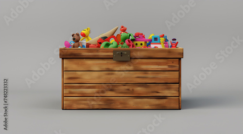 a wooden chest full of toy box on a gray background