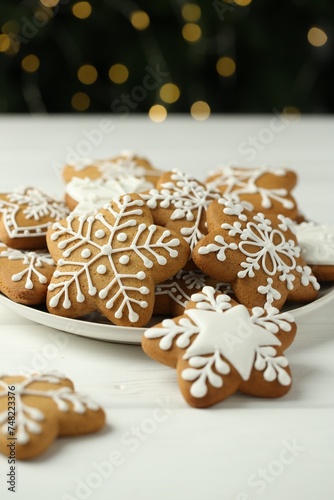 Tasty Christmas cookies with icing on white wooden table against blurred lights, closeup
