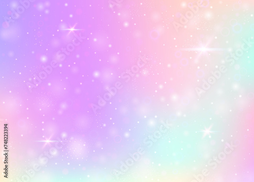 Fairy background with rainbow mesh.  Trendy universe banner in princess colors. Fantasy gradient backdrop with hologram. Holographic fairy background with magic sparkles, stars and blurs. © Holo Art