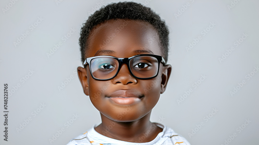Smart young boy with a neat haircut and bold black glasses, against a soft gray background.