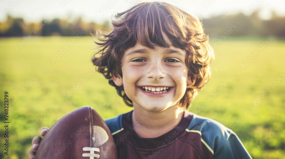 Cheerful boy with curly hair holding a football, joy in a sunlit field Cheerful boy with curly hair holding a football, joy in a sunlit field