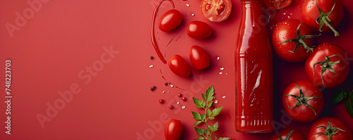 A bottle of ketchup and a tomato on a red background. Popular condiment for burgers and fries. Top view space to copy. © Adnan Bukhari