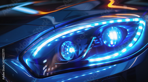 a close-up image of a black car with lights that illuminate it at night, in the style of light blue and indigo © alex