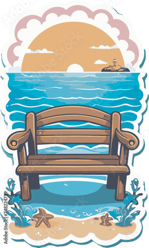 Sea side bench vector and tourism t shirt mockup illustration