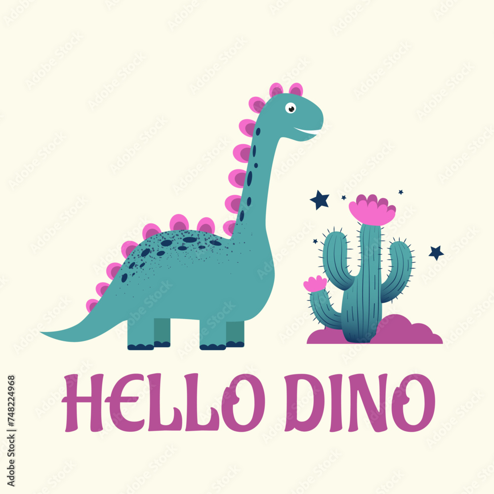 Cute dinosaur and cactus on a light background. Vector illustration Cute dinosaur and cactus on a light background. Vector illustration