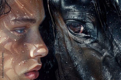 high fantasy two: 14 year old equestrian in white and his beloved black mustang, close-up, reflects emotion, dynamic lighting, complex, detailed, volumetric lighting