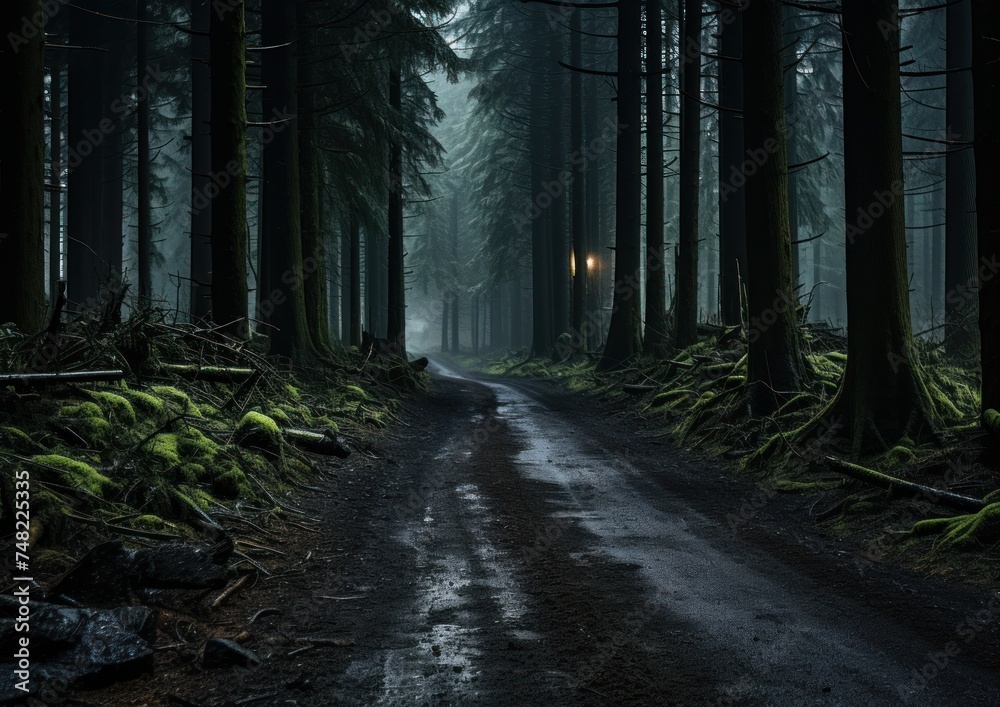 Fototapeta premium A dark road stretches through the dense forest, surrounded by towering trees under a shadowy canopy