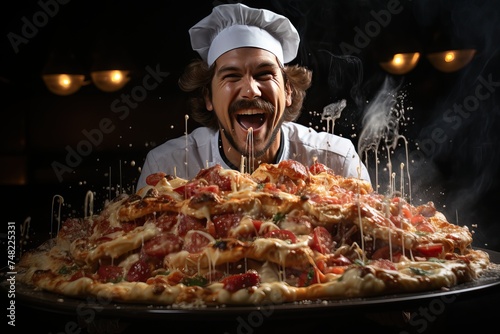 The male chef prepares mega delicious pizza.