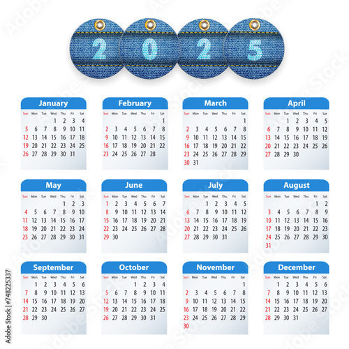 Blue English calendar for 2025 with circle cut jeans tags.Business, presentations, stationary, diary uses. Sundays first. Vector illustration