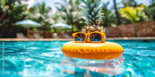 Pineapple in round swimming float, sunglasses, relaxed lifestyle