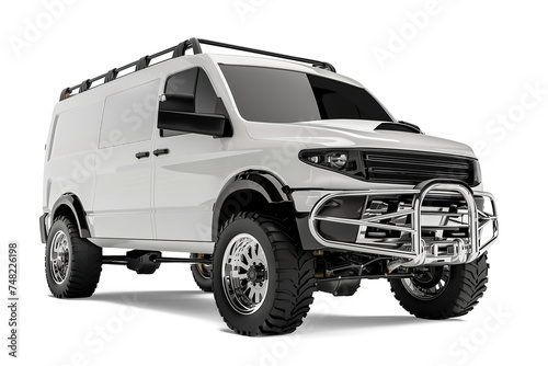 Modern white 4X4 cargo van, with chrome bullbar, front right side corner angle view, isolated on white or transparent
 photo