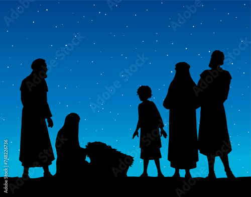 The shepherds came to bow to the newborn baby Jesus. Vector drawing