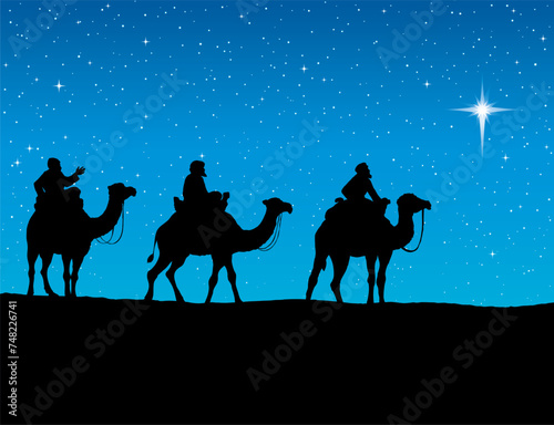 Three Wise kings following Star of Bethlehem. Vector illustration