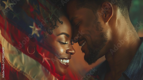 African American couple embracing with American flag overlay.