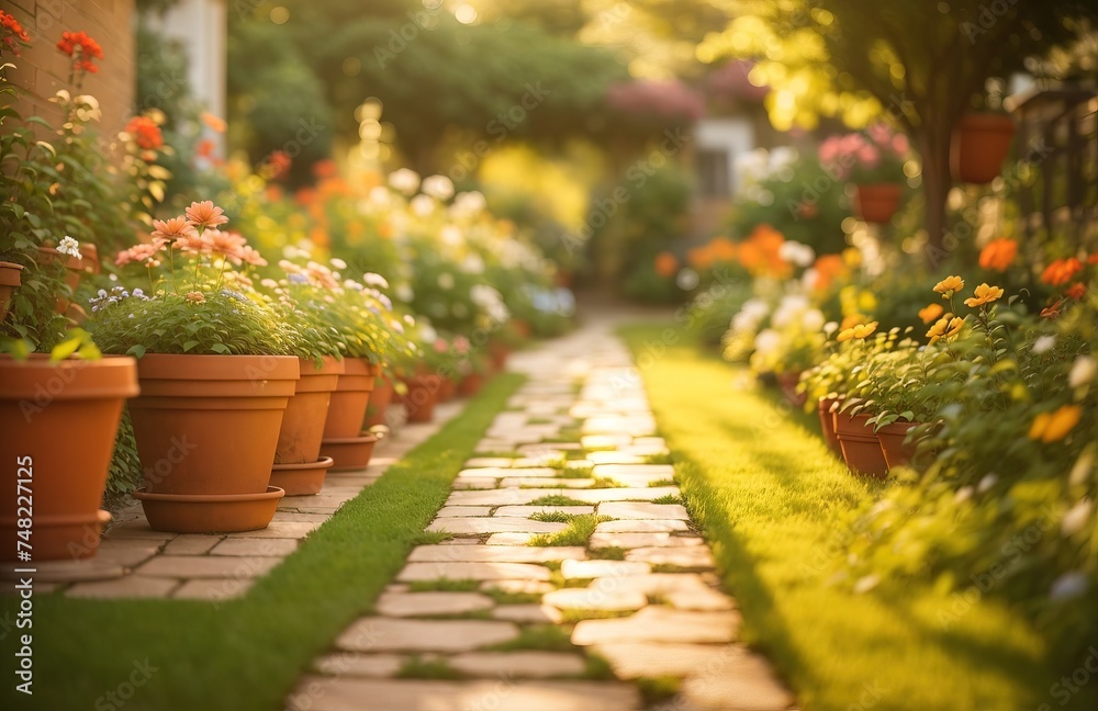 Garden path lined with blooming flowers Garden path lined with blooming flowers
