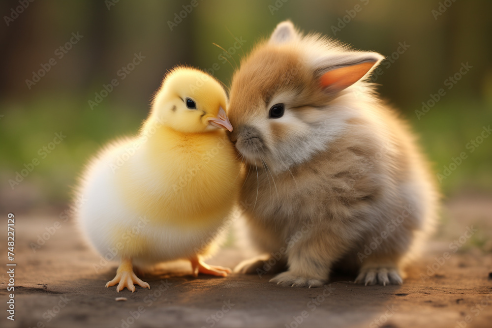 Best friends bunny rabbit and chick are kissing