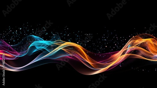 Blue, purple and orange abstract smoke wave with colorful sparklings on black background with copy space banner.