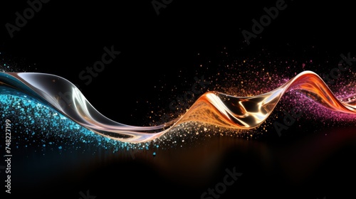 Abstract liquid wave in light gold and light metal colors with colorful sparklings on black background with copy space banner.