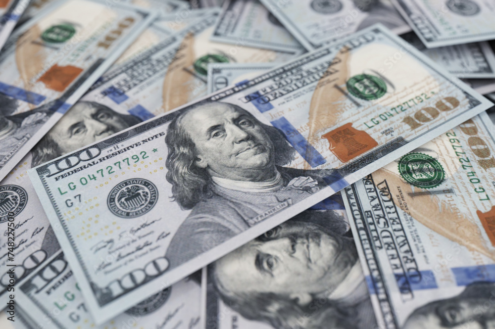 A hunderd new dollars 3d illustration. Cash of hundred dollar bills. A pile of one hundred US banknotes with president portraits. A hunderd new dollars 3d illustration. Cash of hundred dollar bills. A pile of one hundred US banknotes with president portraits.