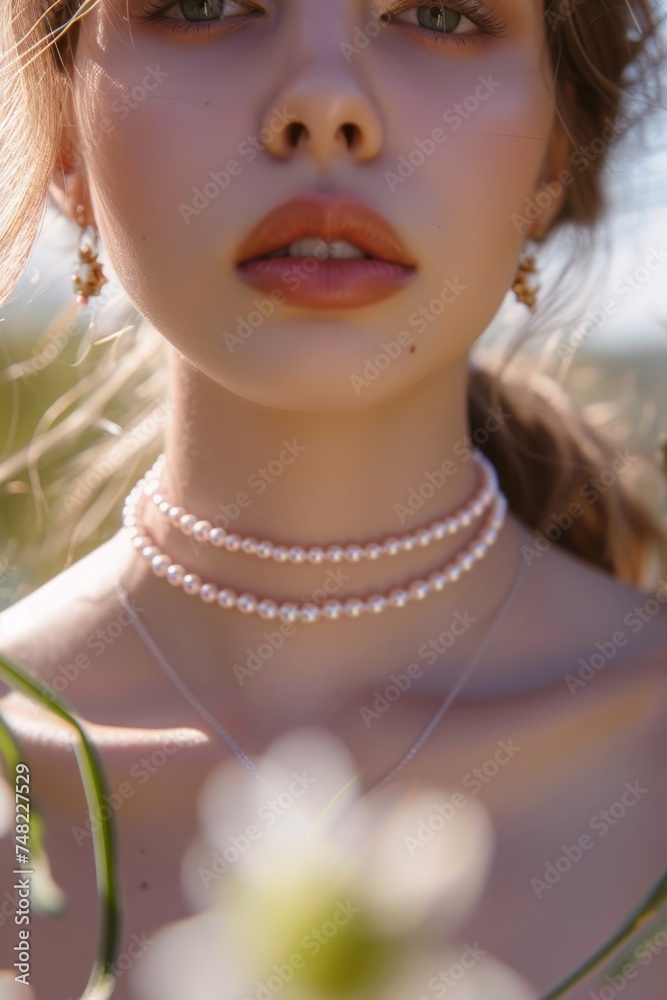 Portrait of a young woman with sophisticated gaze, sensual lips and pink pearl necklace on her neck.