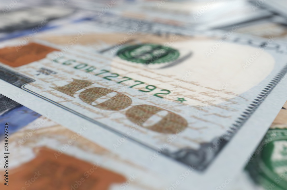 Fototapeta premium A hunderd new dollars 3d illustration. Cash of hundred dollar bills. A pile of one hundred US banknotes with president portraits.