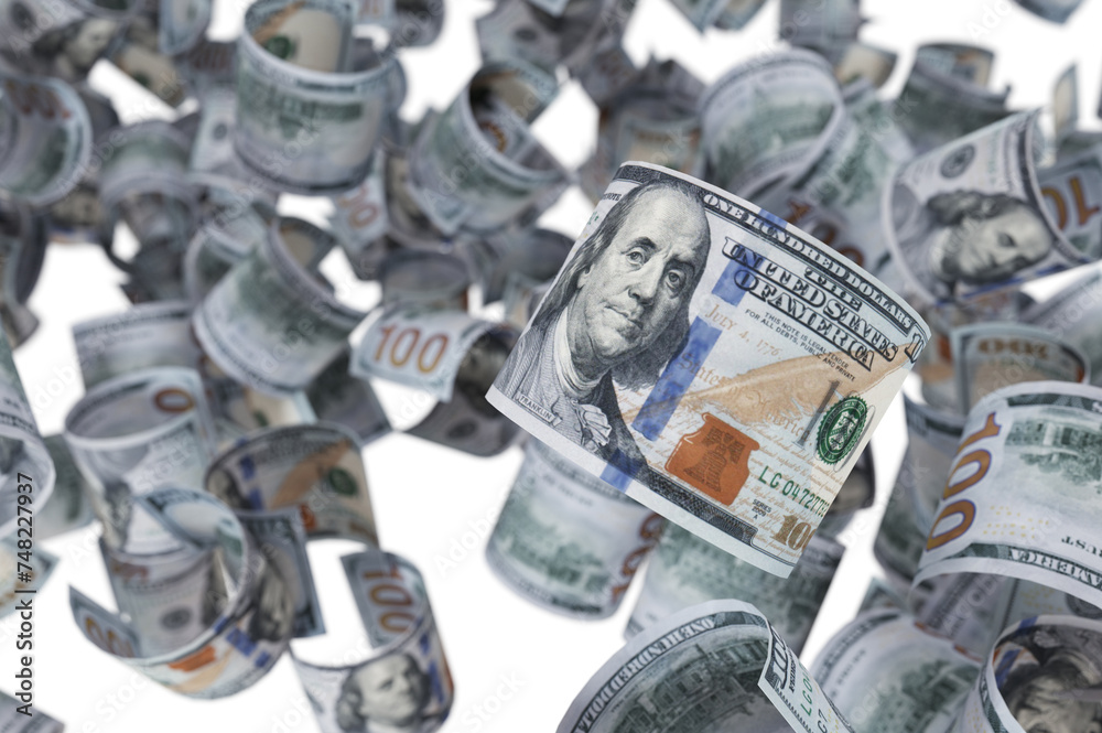 A hunderd new dollars 3d illustration. Cash of hundred dollar bills. A pile of one hundred US banknotes with president portraits. A hunderd new dollars 3d illustration. Cash of hundred dollar bills. A pile of one hundred US banknotes with president portraits.